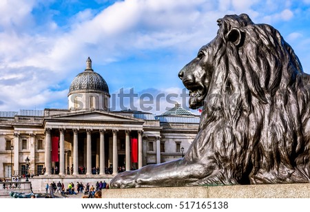Front view of National Gallery London with bronze lion in the foreground.