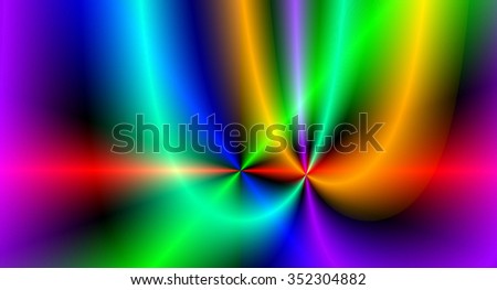 Two parabolas in rainbow / spectrum colors with one intersection point. Supporting composition on the subject of science, engineering or computer graphics. Conceptual mathematics background.
