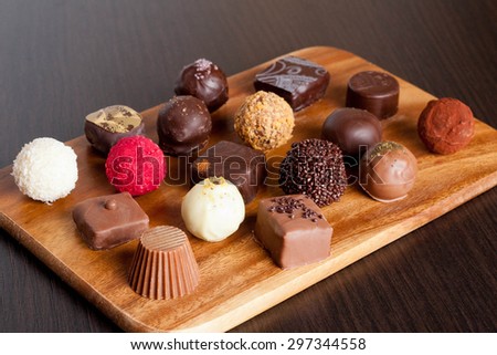 Chocolate candies on a kitchen table, close up