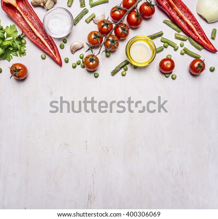 Healthy foods, cooking and vegetarian concept summer vegetables border ,place for text on wooden rustic background top view