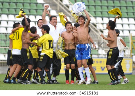 KAPOSVAR, HUNGARY - JULY 24: The winner Peruvian players celebrate at V. Youth Football Festival Under 13 Final - Cantolao (PER) vs Pecsi MFC (HUN) - July 24, 2009 in Kaposvar, Hungary