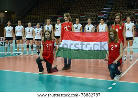 SZOMBATHELY, HUNGARY - JUNE 3: Hungarian National Team before a CEV European League woman\'s volleyball game Hungary vs Bulgaria on June 3, 2011 in Szombathely, Hungary.