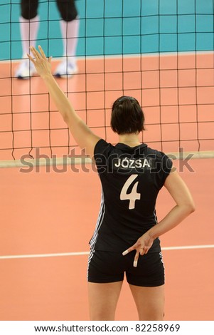 DEBRECEN, HUNGARY - JULY 9: Zsuzsanna Jozsa (in black 4) in action a CEV European League woman\'s volleyball game Hungary (black) vs Israel (white) on July 9, 2011 in Debrecen, Hungary.