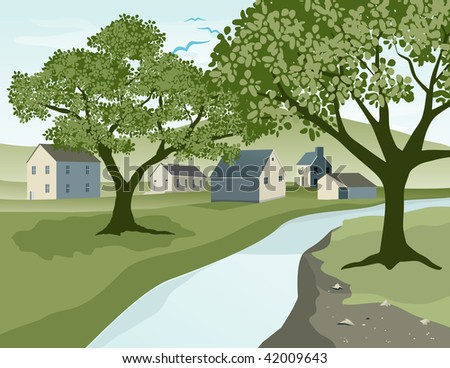 Illustration of a river landscape with a small village in the background.