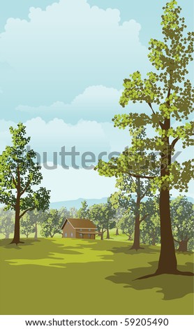 Illustration of a log cabin in a rural landscape.