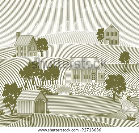 Woodcut style illustration of a rural village scene.