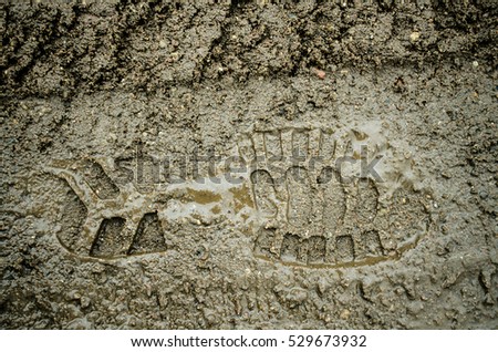 Footprint in the dirt. Brown road dirt with footprints. Background photo texture. Foot mark on the jungle trail. shoeprints in the mud.
