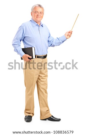 Full length portrait of a male teacher holding a wand and book isolated on white background