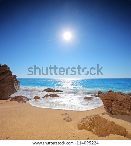 Sun and sea on a sandy beach of Porto Katsiki on the island of Lefkada, Greece