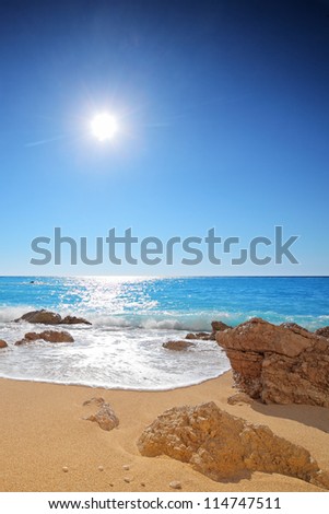 Sun and sea on a sandy beach of Porto Katsiki on the island Lefkada, Greece