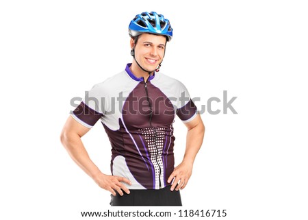 A male biker wearing helmet and posing isolated on white background
