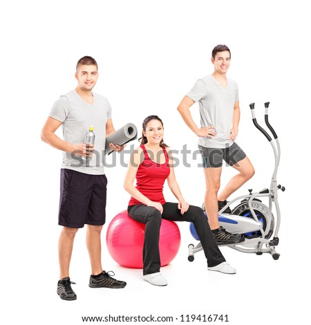 Group of people at the gym posing isolated on white background