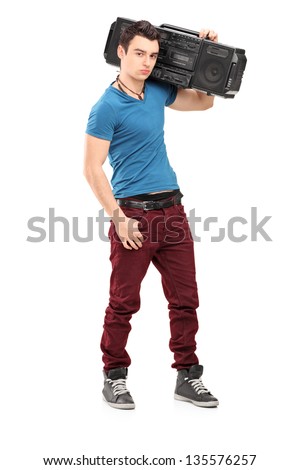 Full length portrait of a cool guy with a radio, isolated on white background