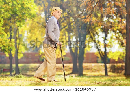 Smiling senior gentleman walking with a cane in a park, in autumn