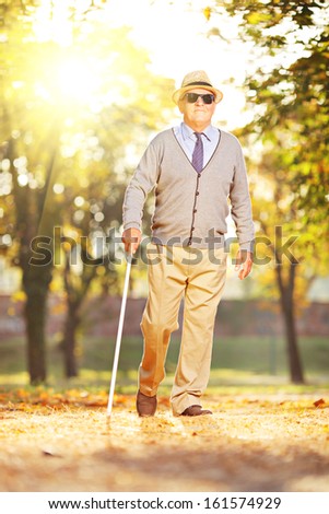 Blind mature man holding a stick and walking in a park on a sunny day