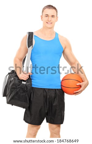 Male basketball player carrying a sports bag isolated on white background