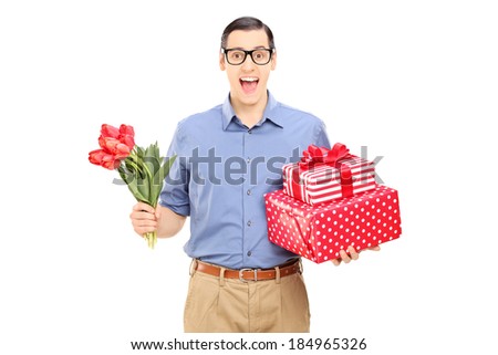 Man holding flowers and presents isolated on white background
