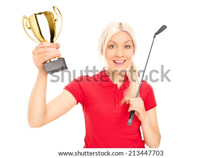 Female golfing champion holding a trophy isolated on white background