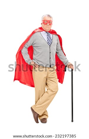 Full length portrait of a senior superhero posing with a cane isolated on white background