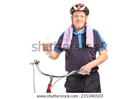 Mature biker holding a water bottle isolated on white background