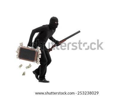 Criminal with briefcase full of stolen money running away quietly isolated on white background