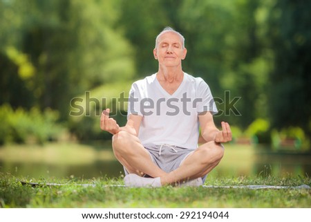 Calm senior man meditating in a park seated on a blanket in a field