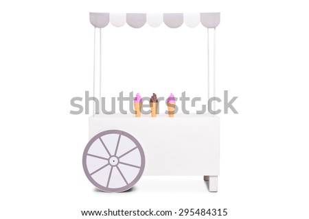 Studio shot of a white ice cream stand with a few ice cream cones left on it isolated on white background