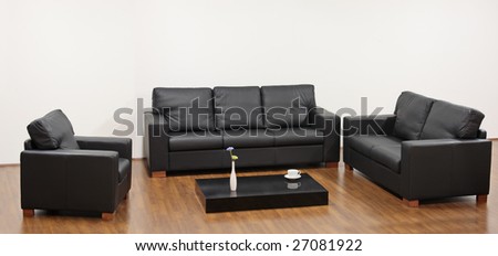 A modern minimalist living-room with black furniture