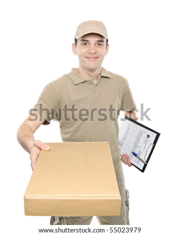 A delivery man bringing a package and holding out a clipboard isolated on white background A delivery man bringing a package and holding out a clipboard isolated on white background