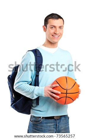 A young adult  with school bag holding a basketball isolated on white background