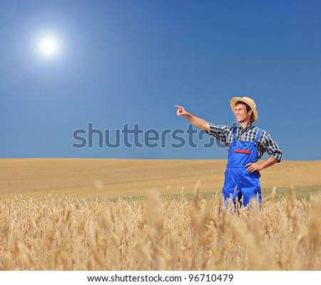 Young farmer pointing in a wheat field, Macedonia