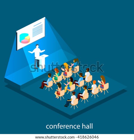 Business meeting in an office Business presentation meeting in conference hall. People listen to speakers. Flat 3D illustration.