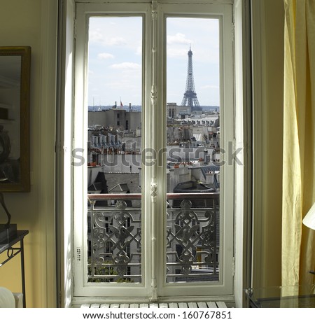 France Paris Window with Eiffel tower and roofs view France Paris Window with Eiffel tower and roofs view