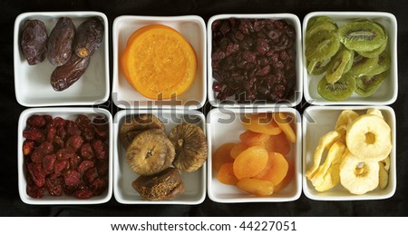 dried fruits collection on black background (large format photography)