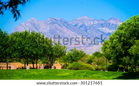 Breath taking desert mountains viewed from a colorful park