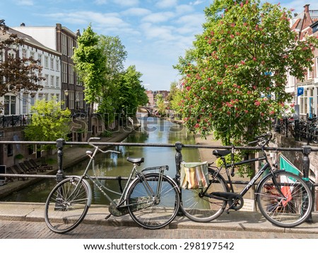 UTRECHT, NETHERLANDS - MAY 21, 2015: Bicycles on bridge of Oudegracht canal in Utrecht, the Netherlands