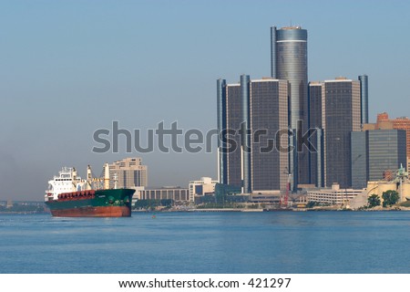 Great Lakes Freighter and Detroit Renaissance Center