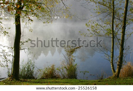 Autumn trees on the banks of a beautiful foggy lake.
