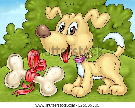 Cartoon Happy Dog with Bone Present