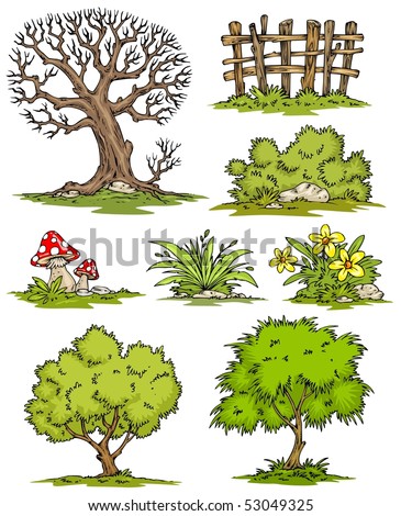Flower Picture Color on Cartoon Trees Flowers Bushes Clip Art Color Stock Vector 53049325