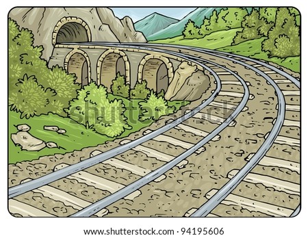 Railroad Mountain Landscape - Cartoon Illustra