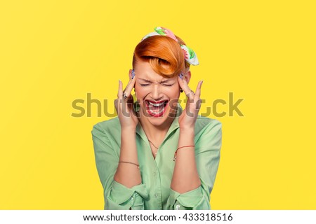 Scream stress. Closeup portrait angry woman screaming wide open mouth hysterical isolated yellow background. Negative human emotion face expression Conflict confrontation concept Too many things to do