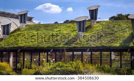 Green 'Living' Roof On Public City Library. Eco Friendly Building