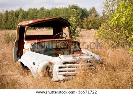 Old ruined abandoned truck cabin