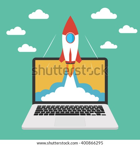 Start up business concept for mobile app development or other disruptive digital business ideas. Business and success concept. The Flat illustration with spaceship and laptop.