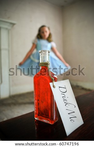 Alice staring at a bottle of potion from a distance/Alice in Wonderland