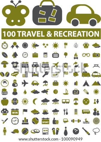 100 travel & recreation icons, signs, vector