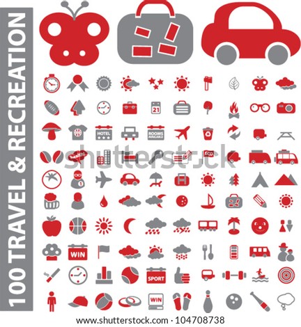 100 travel & recreation icons set, vector