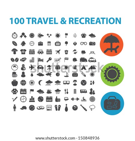 100 travel, recreation icons set, vector