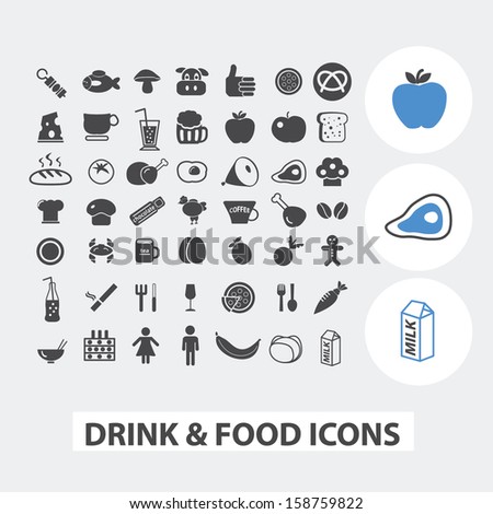 drink, food, grocery store icons, signs set, vector